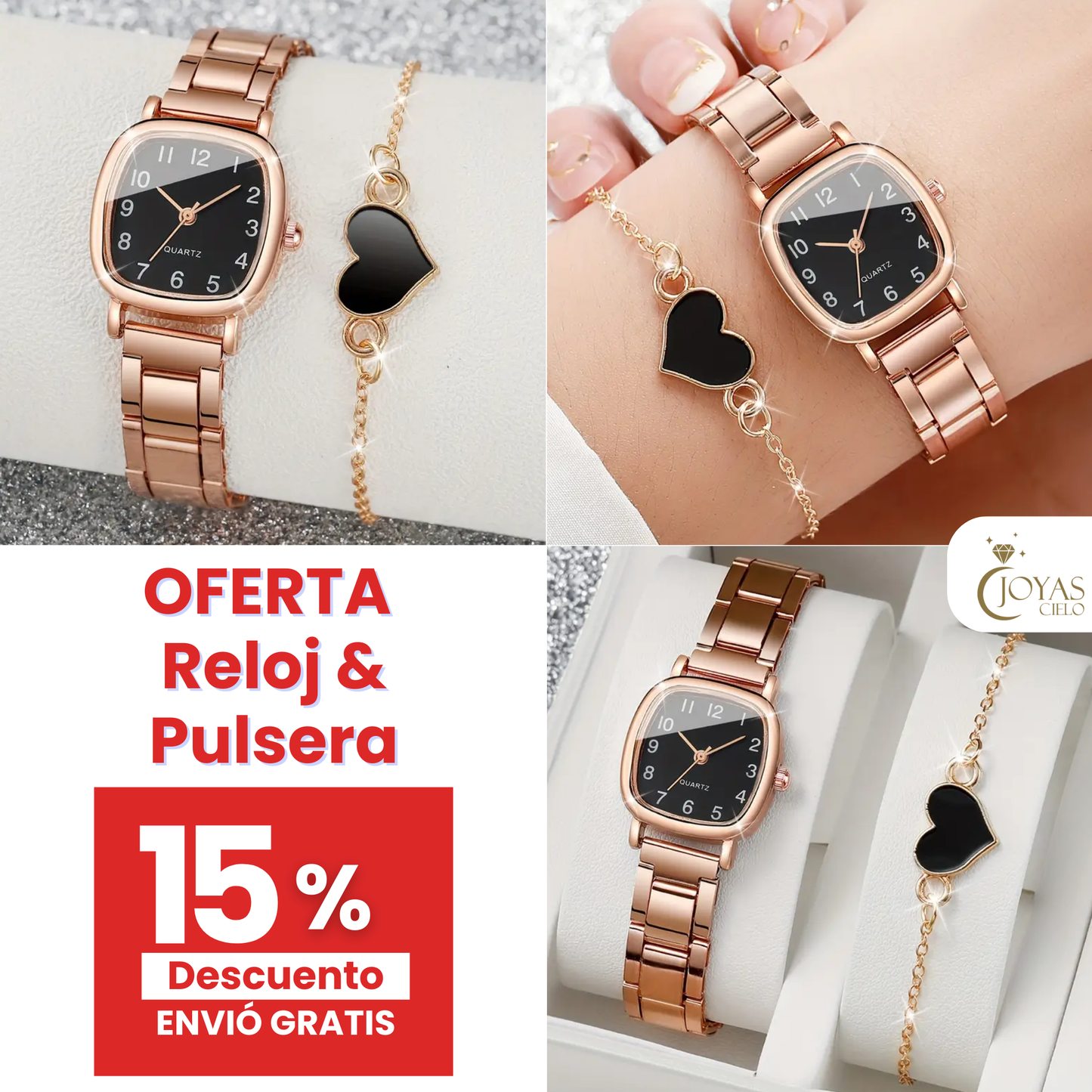 Reloj pulso cuadrado & pulsera de corazón