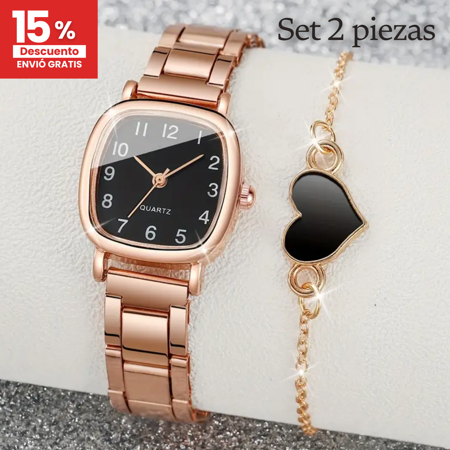 Reloj pulso cuadrado & pulsera de corazón