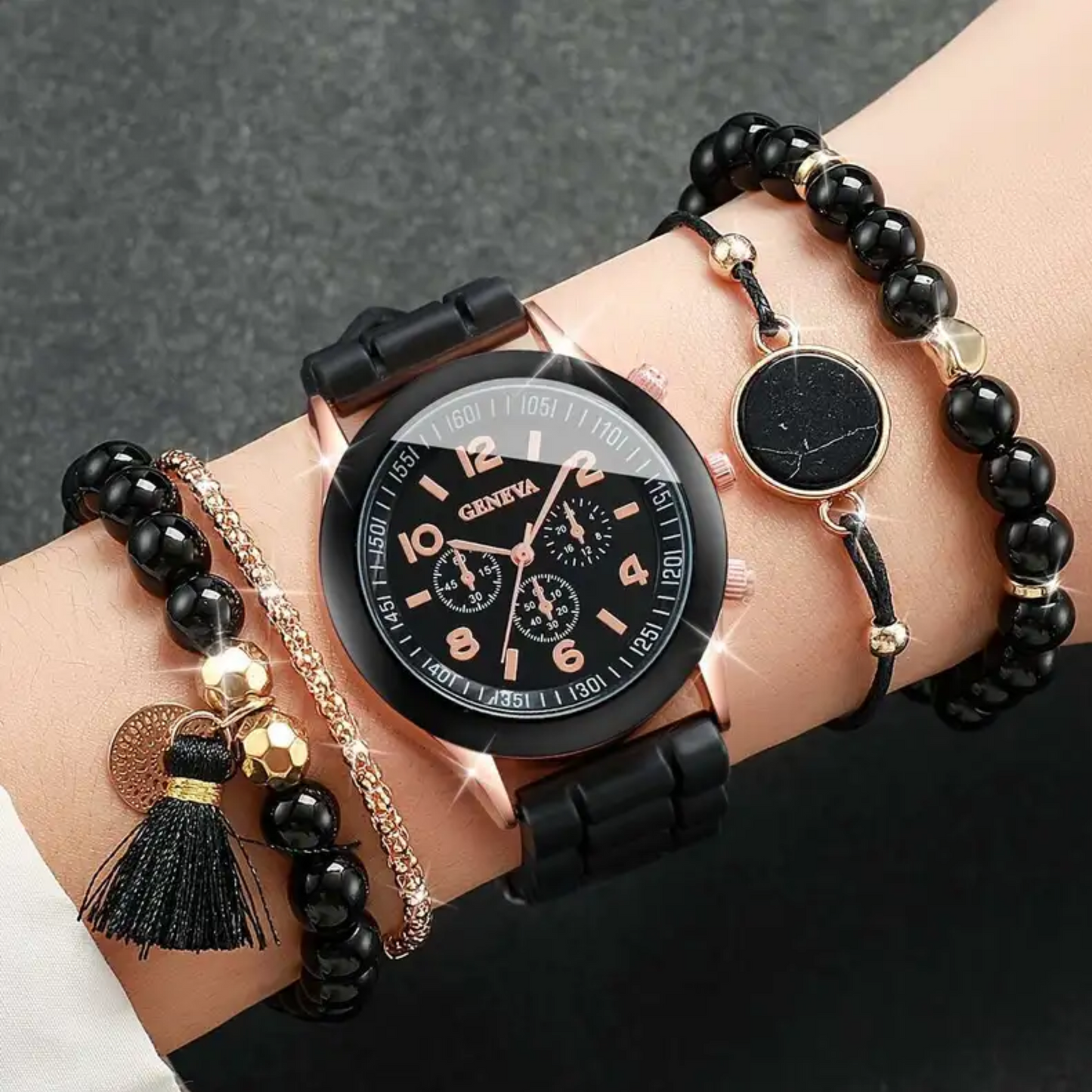 SET 5 PIEZAS RELOJ NEGRO + PULSERAS