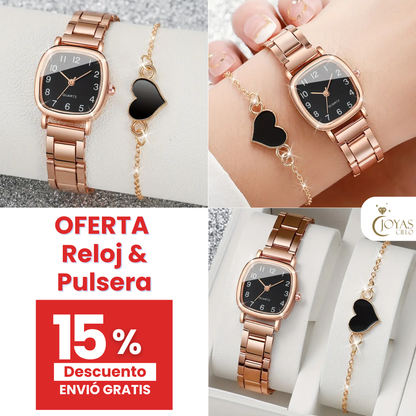 Reloj pulso cuadrado & pulsera de corazón