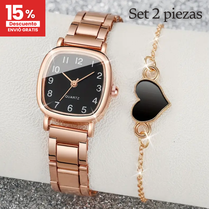 Reloj pulso cuadrado & pulsera de corazón