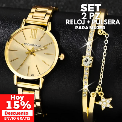SET 2 PIEZAS GOLDEN ELEGANCE- RELOJ + PULSERA ESTRELLA💎