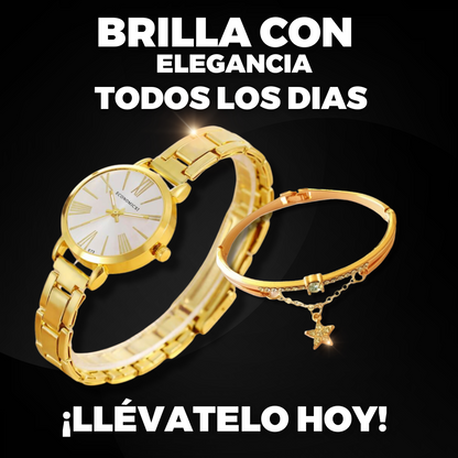 SET 2 PIEZAS GOLDEN ELEGANCE- RELOJ + PULSERA ESTRELLA💎