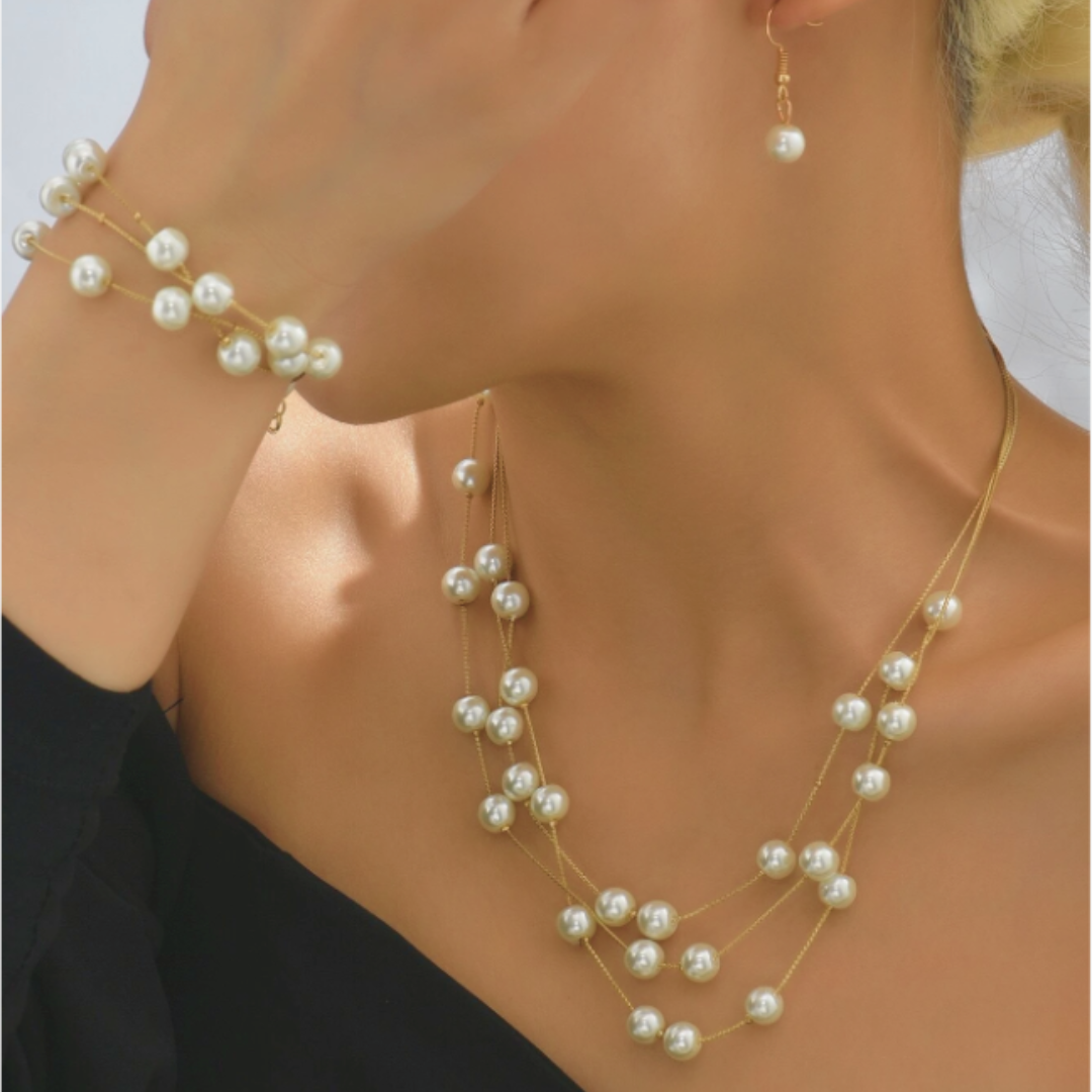 SET DE PERLAS-COLLAR, PULSERA & ARETES